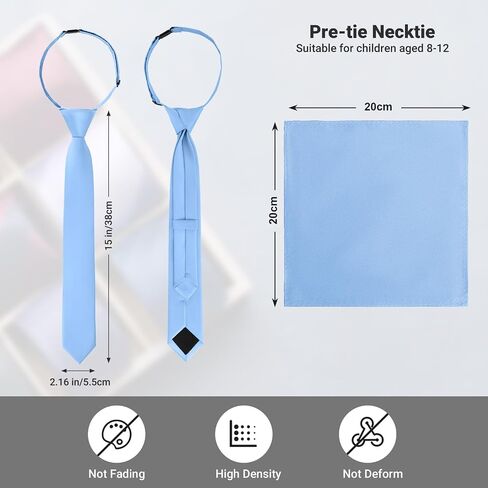 Boys Tie Pocket Square Set Pre-tied Adjustable Kids Solid Color Necktie for Age 8-12 Years with Gift Box in Kuwait