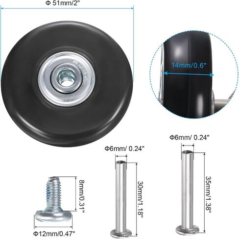 uxcell Luggage Wheels Replacement 87 x 24 mm/3.4" x 0.9" Rubber Swivel Caster Bearing Wheels Repair Kits for Suitcase Inline Outdoor Skate, Black 1Set in Saudi Arabia