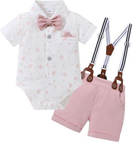 YUEMION Infant Baby Boy Clothes Gentleman Outfits Suits Summer Short Sleeve Bowtie Bodysuit Shirts + Suspender Shorts(Blue,6-9M) in Saudi Arabia