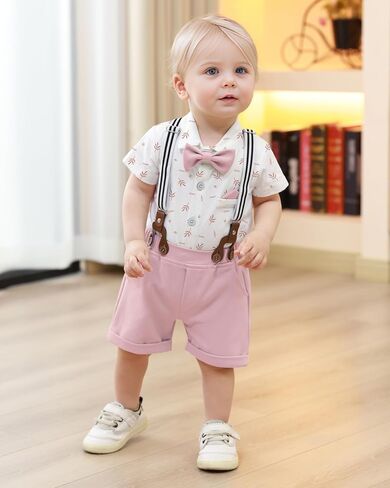 YUEMION Infant Baby Boy Clothes Gentleman Outfits Suits Summer Short Sleeve Bowtie Bodysuit Shirts + Suspender Shorts(Blue,6-9M) in Saudi Arabia