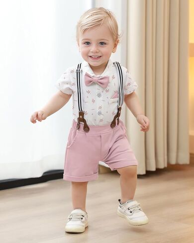 YUEMION Infant Baby Boy Clothes Gentleman Outfits Suits Summer Short Sleeve Bowtie Bodysuit Shirts + Suspender Shorts(Blue,6-9M) in Saudi Arabia