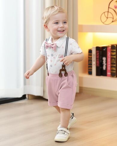 YUEMION Infant Baby Boy Clothes Gentleman Outfits Suits Summer Short Sleeve Bowtie Bodysuit Shirts + Suspender Shorts(Blue,6-9M) in Saudi Arabia