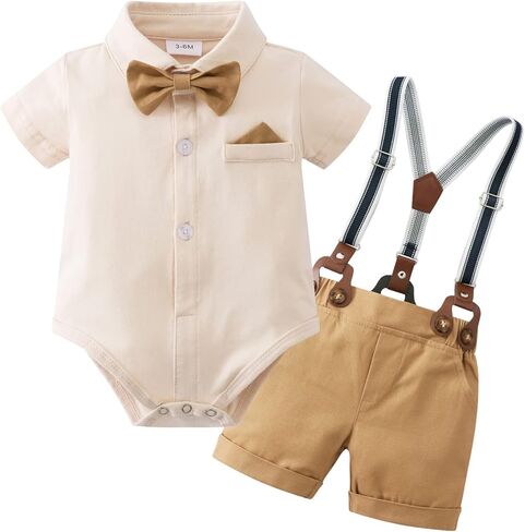 YUEMION Infant Baby Boy Clothes Gentleman Outfits Suits Summer Short Sleeve Bowtie Bodysuit Shirts + Suspender Shorts(Blue,6-9M) in Kuwait