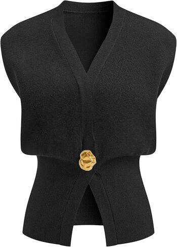 Womens Sleeveless Sweater Vest Deep V Neck Button Down Waist Cinched Knit Trendy Solid Pullover Tank Tops in Saudi Arabia