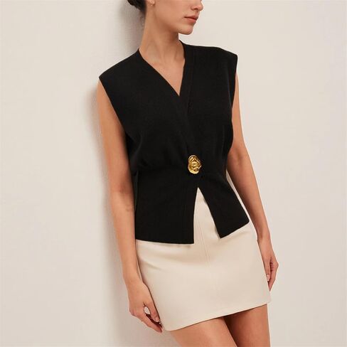 Womens Sleeveless Sweater Vest Deep V Neck Button Down Waist Cinched Knit Trendy Solid Pullover Tank Tops in Saudi Arabia