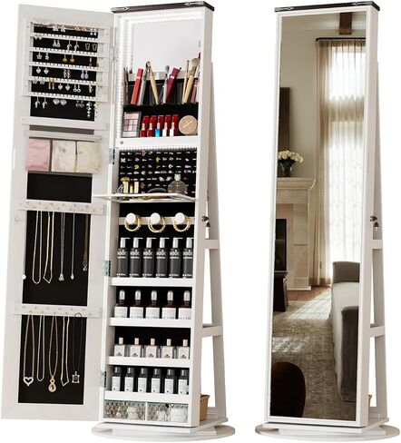 LVSOMT LED Mirror Jewelry Cabinet Standing, 360° Swivel Jewelry Organizers and Storage, Farmhouse Mirror with Jewelry Storage, Lighted Jewelry Armoire with Full Length Mirror (Coal Black) in Kuwait