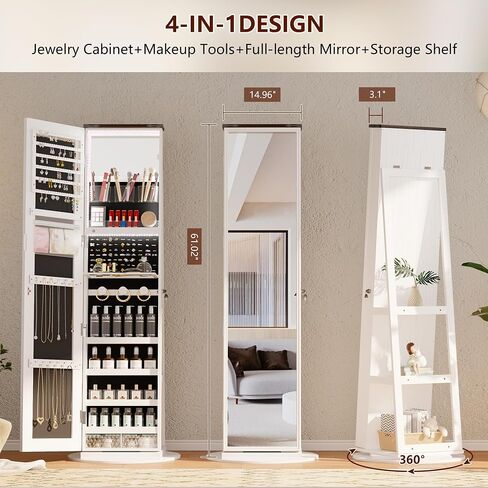 LVSOMT LED Mirror Jewelry Cabinet Standing, 360° Swivel Jewelry Organizers and Storage, Farmhouse Mirror with Jewelry Storage, Lighted Jewelry Armoire with Full Length Mirror (Coal Black) in Kuwait