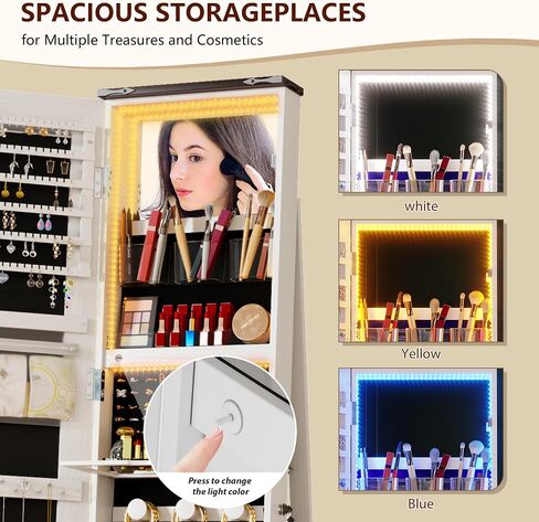 LVSOMT LED Mirror Jewelry Cabinet Standing, 360° Swivel Jewelry Organizers and Storage, Farmhouse Mirror with Jewelry Storage, Lighted Jewelry Armoire with Full Length Mirror (Coal Black) in Kuwait