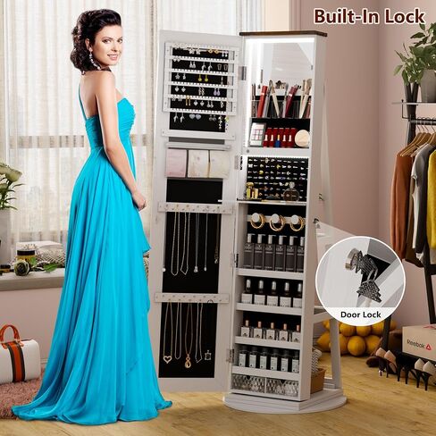 LVSOMT LED Mirror Jewelry Cabinet Standing, 360° Swivel Jewelry Organizers and Storage, Farmhouse Mirror with Jewelry Storage, Lighted Jewelry Armoire with Full Length Mirror (Coal Black) in Kuwait