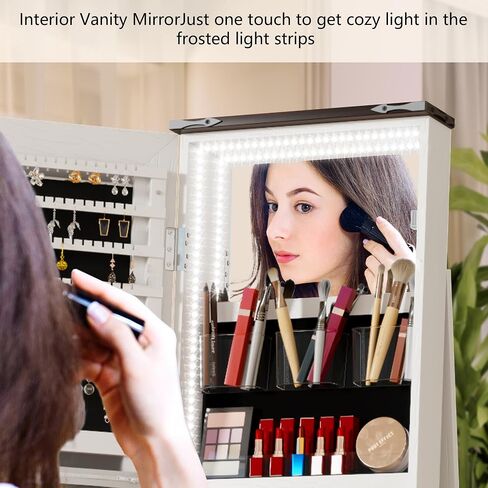 LVSOMT LED Mirror Jewelry Cabinet Standing, 360° Swivel Jewelry Organizers and Storage, Farmhouse Mirror with Jewelry Storage, Lighted Jewelry Armoire with Full Length Mirror (Coal Black) in Kuwait
