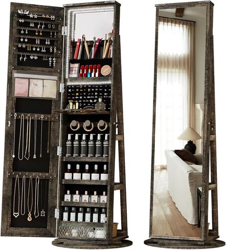 LVSOMT LED Mirror Jewelry Cabinet Standing, 360° Swivel Jewelry Organizers and Storage, Farmhouse Mirror with Jewelry Storage, Lighted Jewelry Armoire with Full Length Mirror (Coal Black) in Kuwait