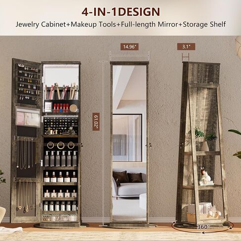 LVSOMT LED Mirror Jewelry Cabinet Standing, 360° Swivel Jewelry Organizers and Storage, Farmhouse Mirror with Jewelry Storage, Lighted Jewelry Armoire with Full Length Mirror (Coal Black) in Kuwait
