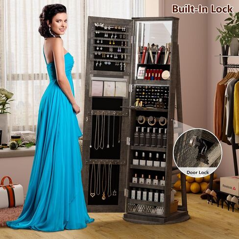 LVSOMT LED Mirror Jewelry Cabinet Standing, 360° Swivel Jewelry Organizers and Storage, Farmhouse Mirror with Jewelry Storage, Lighted Jewelry Armoire with Full Length Mirror (Coal Black) in Kuwait