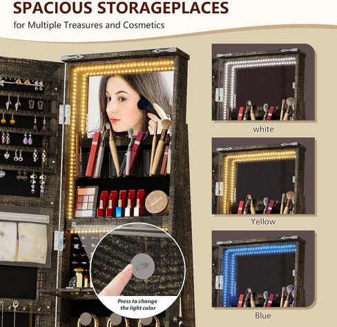 LVSOMT LED Mirror Jewelry Cabinet Standing, 360° Swivel Jewelry Organizers and Storage, Farmhouse Mirror with Jewelry Storage, Lighted Jewelry Armoire with Full Length Mirror (Coal Black) in Kuwait