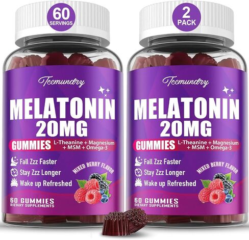 Melatonin Gummies 20mg for Adults - Maximum Strength Melatonin Gummies with L-Theanine, Glycinate Magnesium, Omega-3, MSM, D3 & Zinc - Non-Habit Forming, Vegan, Non GMO, Natural Mixed Berry Flavor in Saudi Arabia