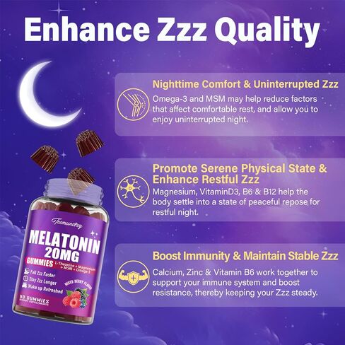 Melatonin Gummies 20mg for Adults - Maximum Strength Melatonin Gummies with L-Theanine, Glycinate Magnesium, Omega-3, MSM, D3 & Zinc - Non-Habit Forming, Vegan, Non GMO, Natural Mixed Berry Flavor in Saudi Arabia