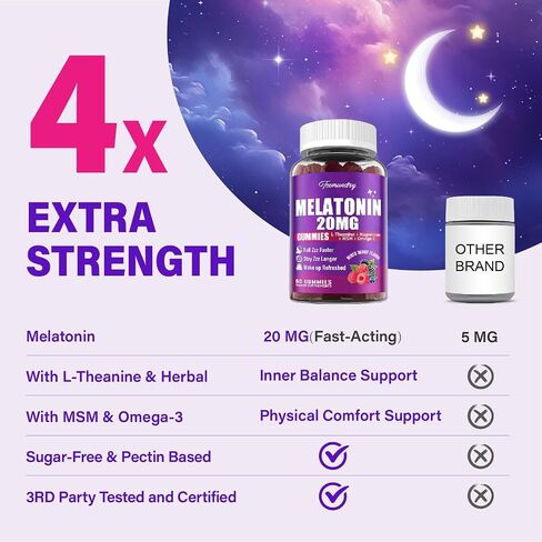 Melatonin Gummies 20mg for Adults - Maximum Strength Melatonin Gummies with L-Theanine, Glycinate Magnesium, Omega-3, MSM, D3 & Zinc - Non-Habit Forming, Vegan, Non GMO, Natural Mixed Berry Flavor in Saudi Arabia