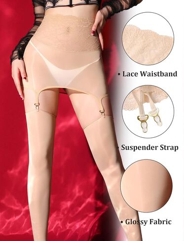 Women’s Glossy Garter Belts Set Oily Shiny Tights Lace Mini Skirt and Stockings Sheer Lingerie in Saudi Arabia