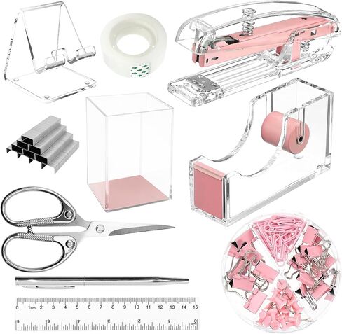 Gold Desk Organizers and Accessories Office Supplies, 10Pcs Set for Office with Stapler, Tape Dispenser, Pens, Pen Holder, Phone Holder, Tape, Ruler, 1 Box Staple, Scissors and 1 Box of Clip in Kuwait
