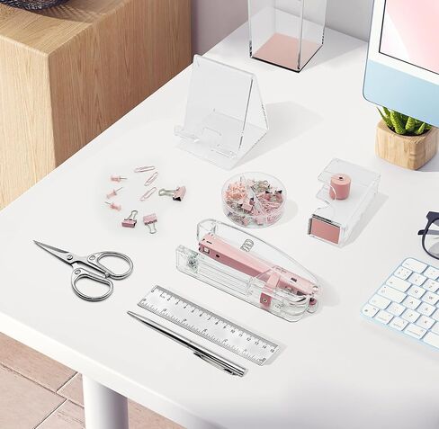 Gold Desk Organizers and Accessories Office Supplies, 10Pcs Set for Office with Stapler, Tape Dispenser, Pens, Pen Holder, Phone Holder, Tape, Ruler, 1 Box Staple, Scissors and 1 Box of Clip in Kuwait