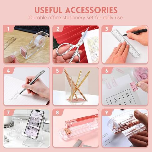 Gold Desk Organizers and Accessories Office Supplies, 10Pcs Set for Office with Stapler, Tape Dispenser, Pens, Pen Holder, Phone Holder, Tape, Ruler, 1 Box Staple, Scissors and 1 Box of Clip in Kuwait