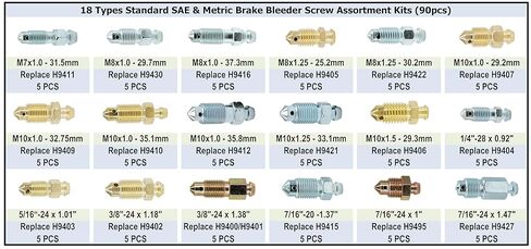 90 PCS 18 Types Brake Valve Screw Assortment, Brake Caliper & Wheel Cylinder Bleeder Screw, Standard SAE & Metric Bleeding Screws Bleed Kit Replace 30300 in Kuwait