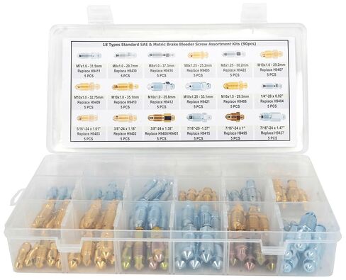 90 PCS 18 Types Brake Valve Screw Assortment, Brake Caliper & Wheel Cylinder Bleeder Screw, Standard SAE & Metric Bleeding Screws Bleed Kit Replace 30300 in Kuwait