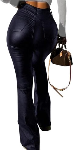 Avanova Women Faux Leather Butt Lifting Leggings Flare High Waist Sexy Bell Bottom Pants in Saudi Arabia