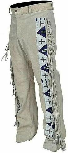 Western Suede Genuine Leather Pant Men Native American Buckskin Fringe Cowboy Pants Reenactment Mountain Trouser in Saudi Arabia
