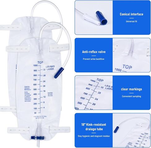 3 Pack 1000ml Sterile Leg Urinary Drainage Bags with 2 Adjustable Elastic Straps, Professional Urine Leg Bag with Anti-Reflux Valve for Men and Women in Saudi Arabia