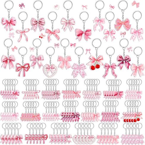 100 PCS Pink Bow Party Favors ، Pink Beal Bow keychains Bulk Coquette Girly Preppy Bridal Shower School Dusty 1st Birthdy Party Decortations for Back to School Wedding ، 20 Style in Kuwait