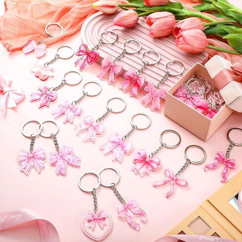 100 PCS Pink Bow Party Favors ، Pink Beal Bow keychains Bulk Coquette Girly Preppy Bridal Shower School Dusty 1st Birthdy Party Decortations for Back to School Wedding ، 20 Style in Kuwait