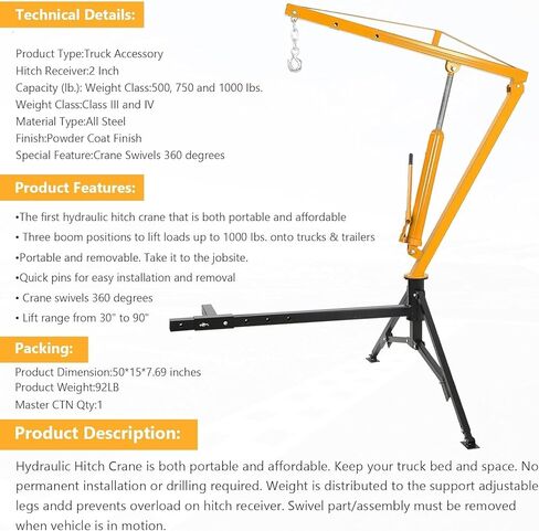 1000 lbs Truck Crane Hoist, Hydraulic Hitch-Mount Truck Crane with Three Boom Capacities of 500 Lbs, 750 Lbs & 1000 Lbs for Lifting Goods in Construction, Yellow in Kuwait