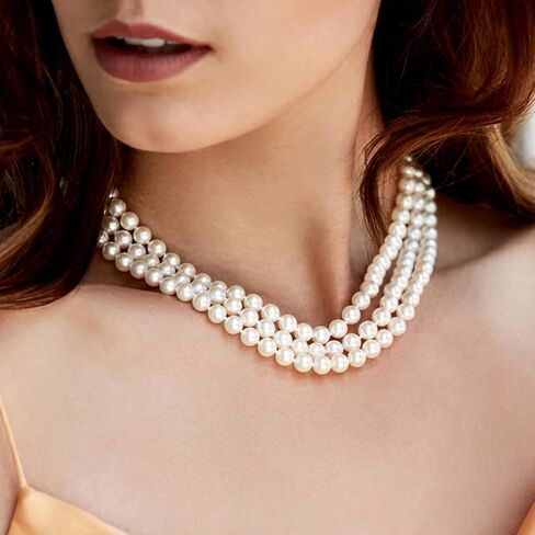 The Pearl Source 5.0-5.5mm AAAA Quality Triple Strand White Freshwater Cultured Pearl Necklace for Women in 18-19-20" Matinee Length in Saudi Arabia