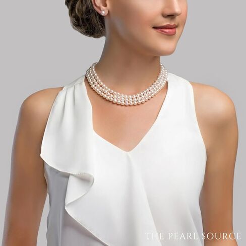 The Pearl Source 5.0-5.5mm AAAA Quality Triple Strand White Freshwater Cultured Pearl Necklace for Women in 18-19-20" Matinee Length in Saudi Arabia
