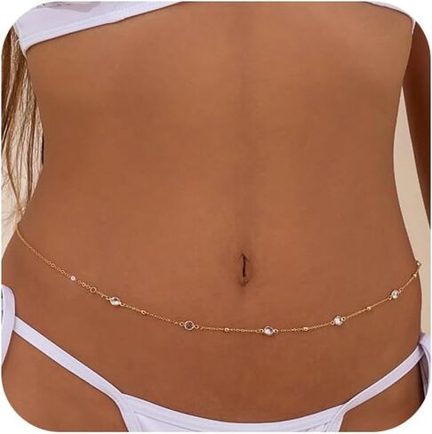 Modrsa Gold Body Chain Jewelry for Women Back Netlace for Backless Dress Backdrop Pearl Rhinestone Belly Belly Chain Cains Bra Bra Lingerie Summer Bikini Bodychain Nexty Belly Belly Jewelry in Kuwait