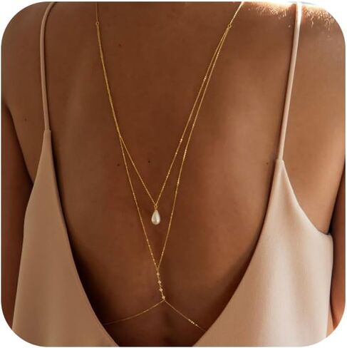 Modrsa Gold Body Chain Jewelry for Women Back Netlace for Backless Dress Backdrop Pearl Rhinestone Belly Belly Chain Cains Bra Bra Lingerie Summer Bikini Bodychain Nexty Belly Belly Jewelry in Kuwait