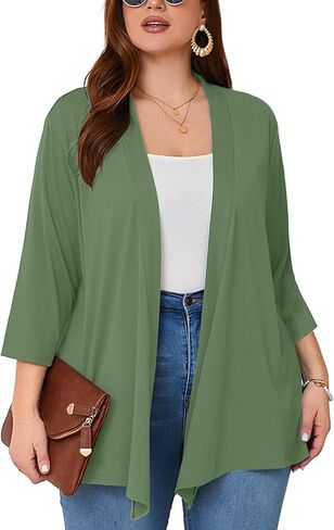 Women's Plus Size Lightweight Open Front Cardigan 3/4 Sleeve Cover Ups Shrugs Shawls and Wraps Kimono Jacket Coat in Kuwait