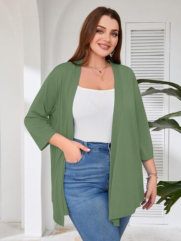 Women's Plus Size Lightweight Open Front Cardigan 3/4 Sleeve Cover Ups Shrugs Shawls and Wraps Kimono Jacket Coat in Kuwait