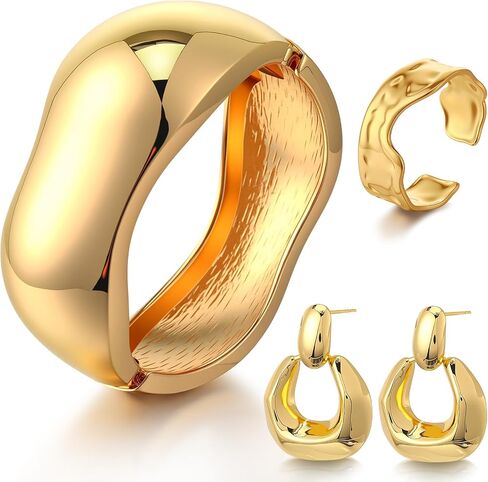 3 Pcs Gold Bangle Bracelets Earrings Ring Sets for Women Gold Plated Cuff Bracelets Wide Chunky Gold Bracelet Large Disc Drop Earrings Wavy Stackable Ring Christmas Birthday Gifts for Women in Kuwait