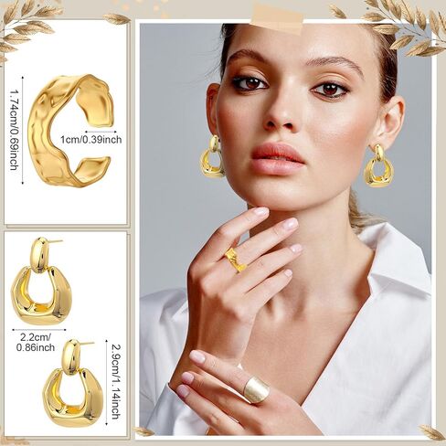 3 Pcs Gold Bangle Bracelets Earrings Ring Sets for Women Gold Plated Cuff Bracelets Wide Chunky Gold Bracelet Large Disc Drop Earrings Wavy Stackable Ring Christmas Birthday Gifts for Women in Kuwait