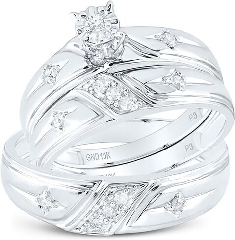 His and Hers Bridal Womens and Mens Engagment and Wedding Band Complete Trio Matching Wedding Rings Set 10K White Gold Round Diamond Cross 1/5 Cttw in Saudi Arabia