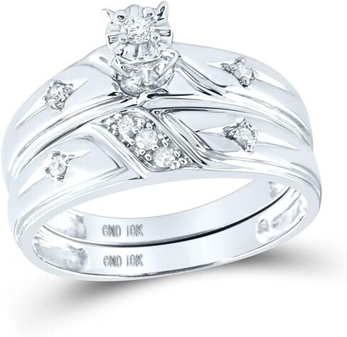 His and Hers Bridal Womens and Mens Engagment and Wedding Band Complete Trio Matching Wedding Rings Set 10K White Gold Round Diamond Cross 1/5 Cttw in Saudi Arabia