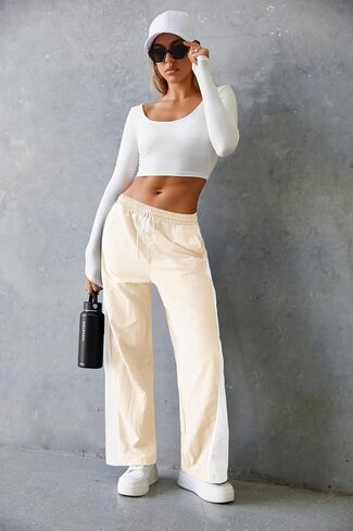 Fisoew Women's Baggy Wide Leg Track Pants Casual Drawstring Elastic Waisted Color Block Workout Y2K Active Pants in Saudi Arabia
