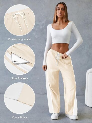 Fisoew Women's Baggy Wide Leg Track Pants Casual Drawstring Elastic Waisted Color Block Workout Y2K Active Pants in Saudi Arabia