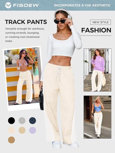 Fisoew Women's Baggy Wide Leg Track Pants Casual Drawstring Elastic Waisted Color Block Workout Y2K Active Pants in Saudi Arabia