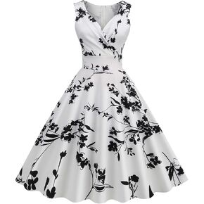 Women's Vintage Floral Flared A-Line Swing Casual Party Dresses Sleeveless Rockabilly Pinup Audrey Hepburn Dress in Kuwait