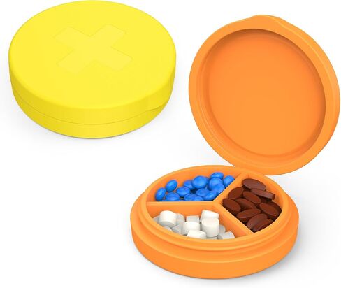 2 Pack Small Pill Box,3 Compartment Round Silicone Travel Pill Box for Purse Pocket, Waterproof Portable Compact Medicine Holder for Vitamin, Cod Liver Oil, Supplement(Orange+Yellow) in Saudi Arabia