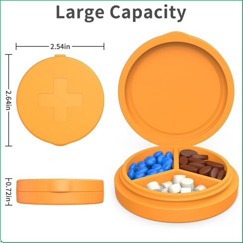 2 Pack Small Pill Box,3 Compartment Round Silicone Travel Pill Box for Purse Pocket, Waterproof Portable Compact Medicine Holder for Vitamin, Cod Liver Oil, Supplement(Orange+Yellow) in Saudi Arabia