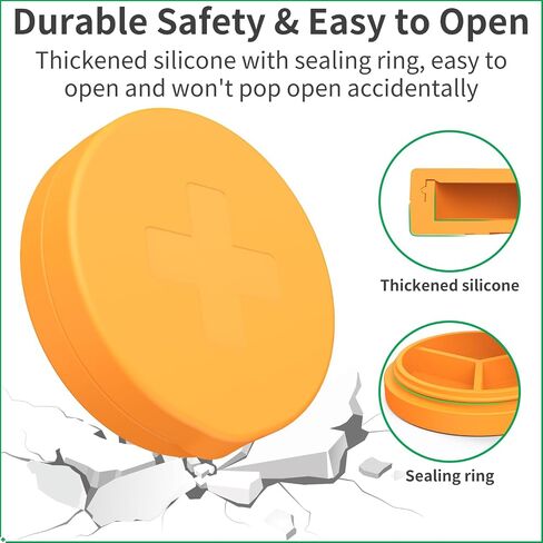 2 Pack Small Pill Box,3 Compartment Round Silicone Travel Pill Box for Purse Pocket, Waterproof Portable Compact Medicine Holder for Vitamin, Cod Liver Oil, Supplement(Orange+Yellow) in Saudi Arabia